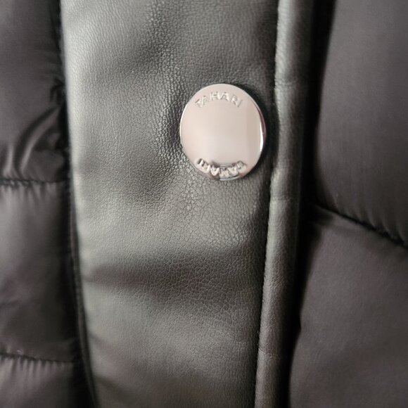 Tahari Womens Puffer Jacket Hooded Faux Leather Trim Puffer Coat Black Large NWT - Picture 12 of 14